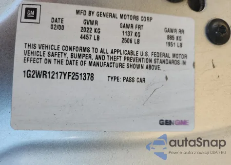 2000 Pontiac Grand Prix Gtp from USA, damaged, VIN 1G2WR1217YF251378